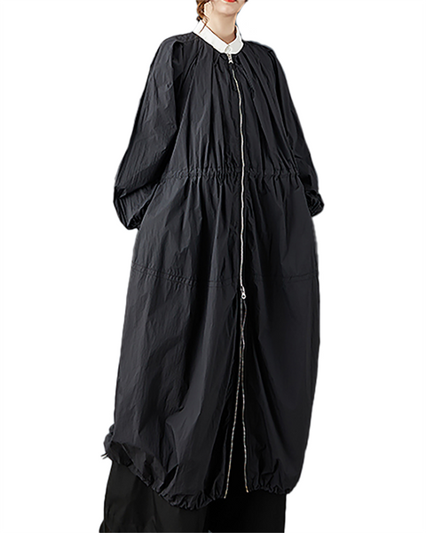 ellazhu Women's Coats Crewneck Long Sleeve Oversize Zip Up Drawstring Solid Outerwear Side Pockets GZ675 Black