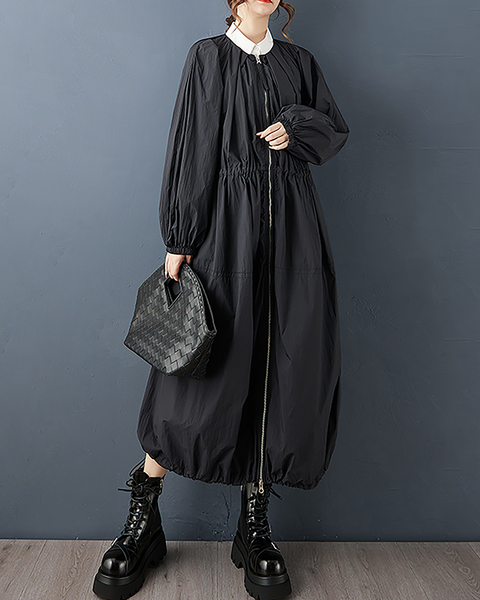 ellazhu Women's Coats Crewneck Long Sleeve Oversize Zip Up Drawstring Solid Outerwear Side Pockets GZ675 Black