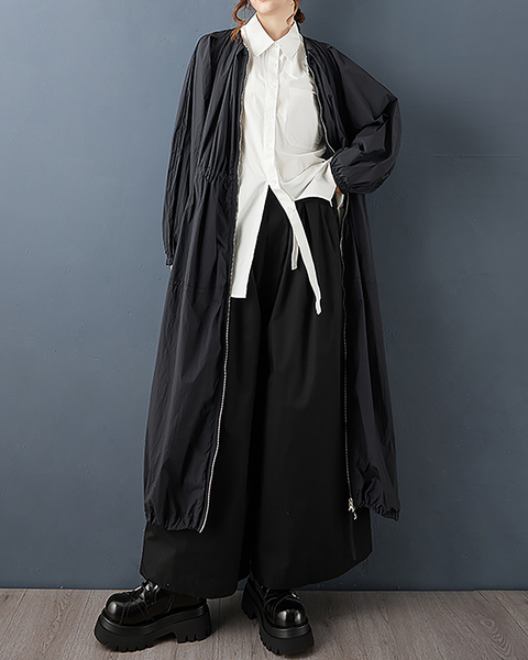 ellazhu Women's Coats Crewneck Long Sleeve Oversize Zip Up Drawstring Solid Outerwear Side Pockets GZ675 Black