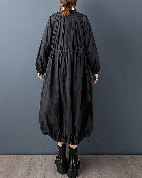 ellazhu Women's Coats Crewneck Long Sleeve Oversize Zip Up Drawstring Solid Outerwear Side Pockets GZ675 Black