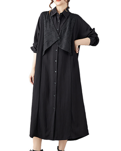 ellazhu Women's T-Shirt Dress Casual Button Down Lapel Long Sleeve Oversize Solid Long Hem Side Pockets GZ676 Black