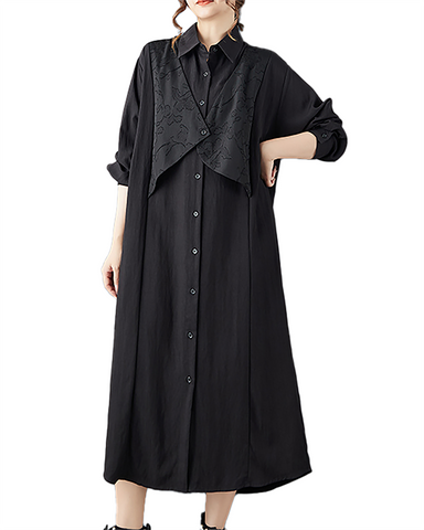 ellazhu Women's T-Shirt Dress Casual Button Down Lapel Long Sleeve Oversize Solid Long Hem Side Pockets GZ676 Black