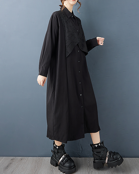 ellazhu Women's T-Shirt Dress Casual Button Down Lapel Long Sleeve Oversize Solid Long Hem Side Pockets GZ676 Black