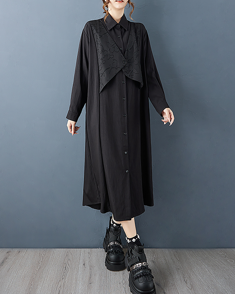 ellazhu Women's T-Shirt Dress Casual Button Down Lapel Long Sleeve Oversize Solid Long Hem Side Pockets GZ676 Black