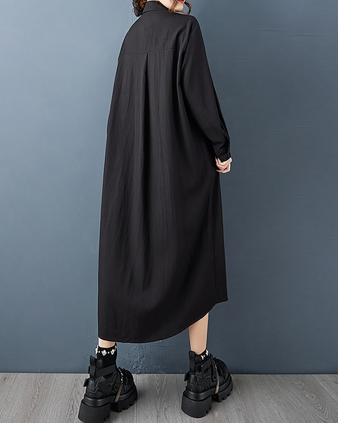 ellazhu Women's T-Shirt Dress Casual Button Down Lapel Long Sleeve Oversize Solid Long Hem Side Pockets GZ676 Black