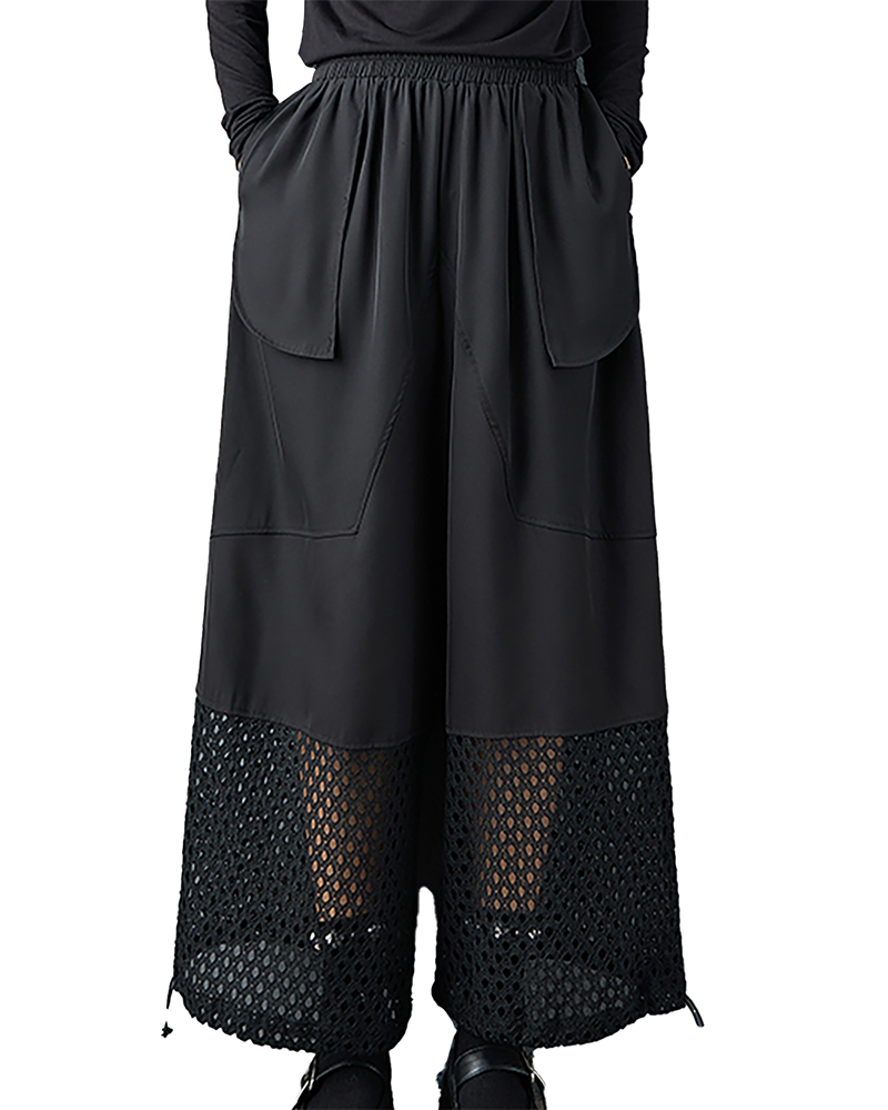 ellazhu Women's Pants Loose Wide Leg High Elastic Waist Mesh Patchwork Sweatpants Side Pockets GZ677 Black