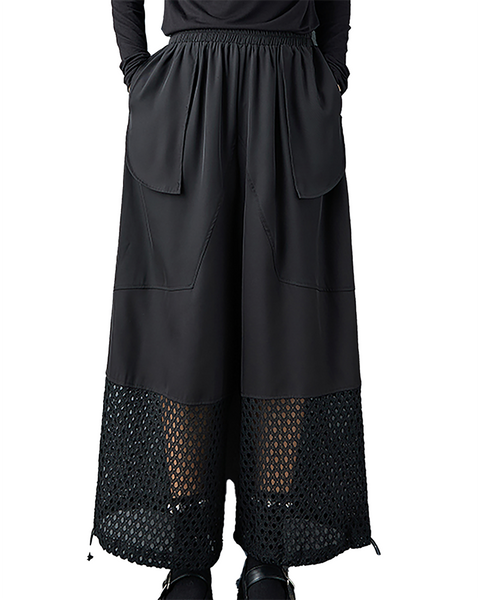 ellazhu Women's Pants Loose Wide Leg High Elastic Waist Mesh Patchwork Sweatpants Side Pockets GZ677 Black