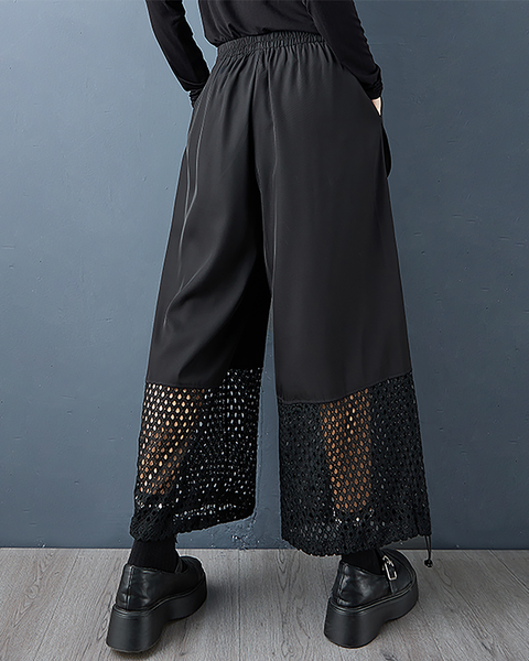 ellazhu Women's Pants Loose Wide Leg High Elastic Waist Mesh Patchwork Sweatpants Side Pockets GZ677 Black