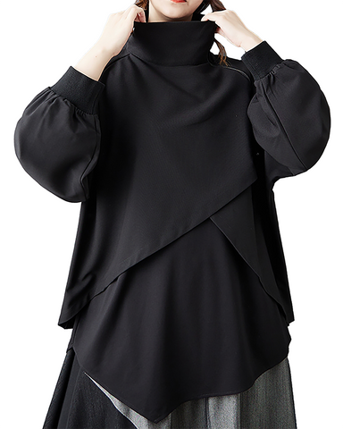 ellazhu Women's Shirts Long Sleeve Mock Neck Zip Up Solid Layered Irregualr Hem GZ678 Black