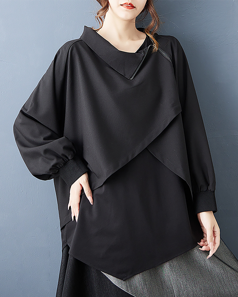 ellazhu Women's Shirts Long Sleeve Mock Neck Zip Up Solid Layered Irregualr Hem GZ678 Black