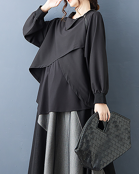 ellazhu Women's Shirts Long Sleeve Mock Neck Zip Up Solid Layered Irregualr Hem GZ678 Black