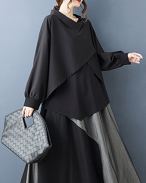 ellazhu Women's Shirts Long Sleeve Mock Neck Zip Up Solid Layered Irregualr Hem GZ678 Black