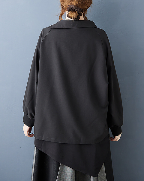 ellazhu Women's Shirts Long Sleeve Mock Neck Zip Up Solid Layered Irregualr Hem GZ678 Black