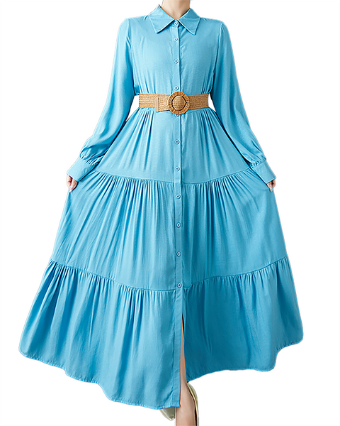 ellazhu Women's T-Shirt Dress Casual Button Down Lapel Pleated Long Sleeve Oversize Solid Long Maxi Hem GZ679 Blue