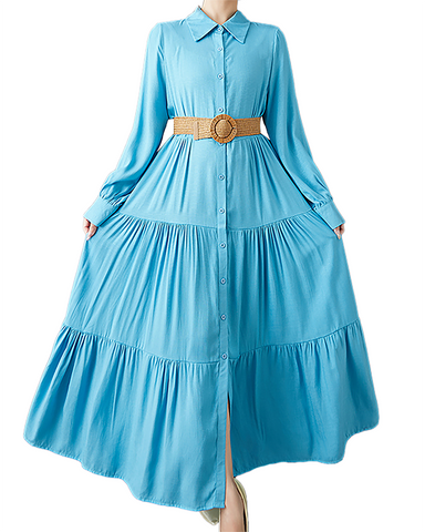 ellazhu Women's T-Shirt Dress Casual Button Down Lapel Pleated Long Sleeve Oversize Solid Long Maxi Hem GZ679 Blue