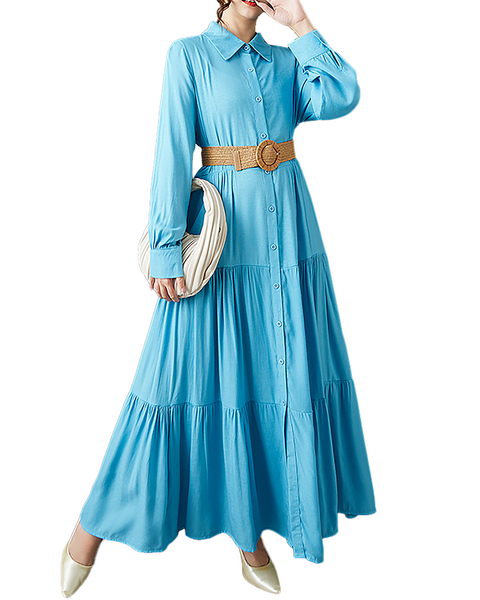 ellazhu Women's T-Shirt Dress Casual Button Down Lapel Pleated Long Sleeve Oversize Solid Long Maxi Hem GZ679 Blue