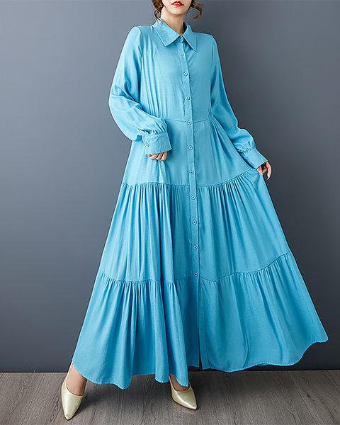ellazhu Women's T-Shirt Dress Casual Button Down Lapel Pleated Long Sleeve Oversize Solid Long Maxi Hem GZ679 Blue