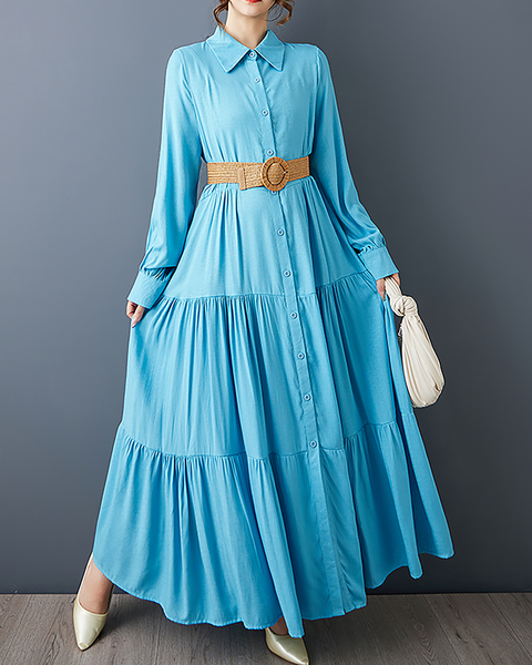 ellazhu Women's T-Shirt Dress Casual Button Down Lapel Pleated Long Sleeve Oversize Solid Long Maxi Hem GZ679 Blue