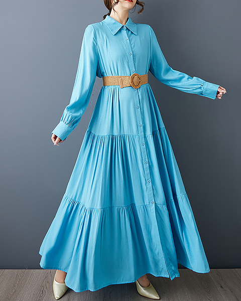 ellazhu Women's T-Shirt Dress Casual Button Down Lapel Pleated Long Sleeve Oversize Solid Long Maxi Hem GZ679 Blue