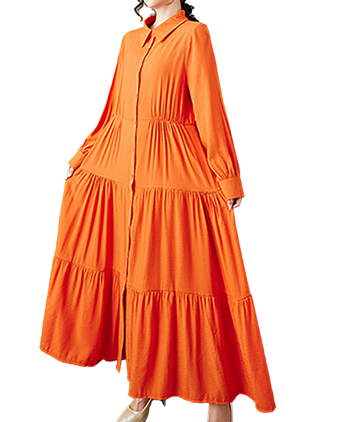 ellazhu Women's T-Shirt Dress Casual Button Down Lapel Pleated Long Sleeve Oversize Solid Long Maxi Hem GZ679 Blue