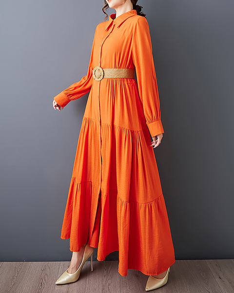 ellazhu Women's T-Shirt Dress Casual Button Down Lapel Pleated Long Sleeve Oversize Solid Long Maxi Hem GZ679 Blue