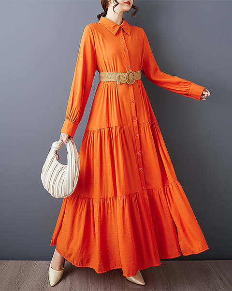 ellazhu Women's T-Shirt Dress Casual Button Down Lapel Pleated Long Sleeve Oversize Solid Long Maxi Hem GZ679 Blue