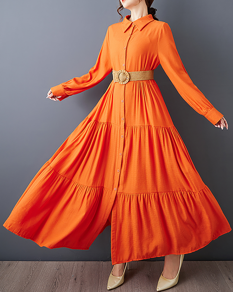 ellazhu Women's T-Shirt Dress Casual Button Down Lapel Pleated Long Sleeve Oversize Solid Long Maxi Hem GZ679 Blue