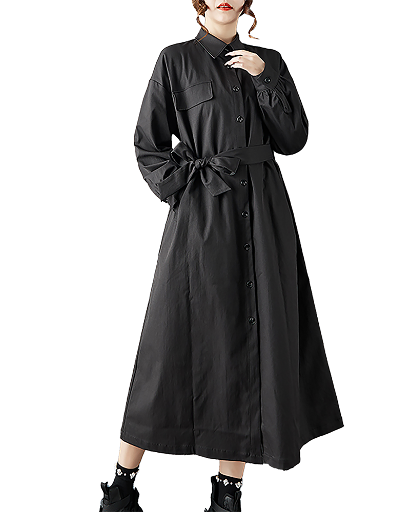 ellazhu Women's Dress Casual Button Down Lapel Pleated Long Sleeve Tie Waist Oversize Solid Long Maxi Hem GZ680 Black