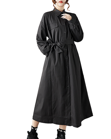 ellazhu Women's Dress Casual Button Down Lapel Pleated Long Sleeve Tie Waist Oversize Solid Long Maxi Hem GZ680 Black