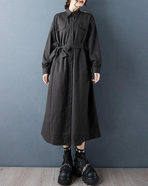 ellazhu Women's Dress Casual Button Down Lapel Pleated Long Sleeve Tie Waist Oversize Solid Long Maxi Hem GZ680 Black