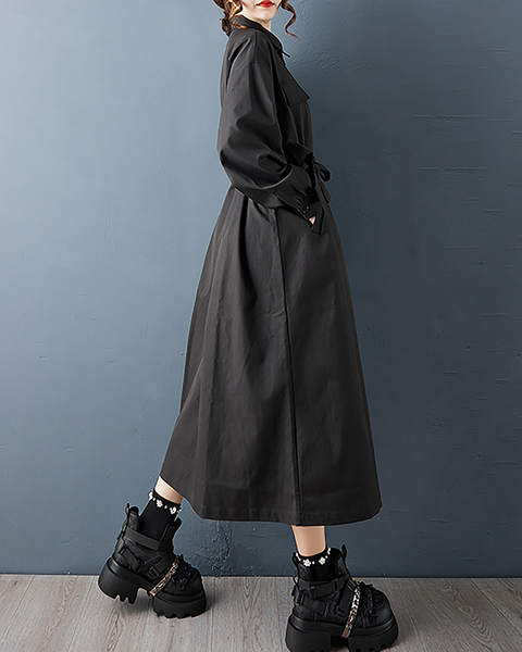 ellazhu Women's Dress Casual Button Down Lapel Pleated Long Sleeve Tie Waist Oversize Solid Long Maxi Hem GZ680 Black