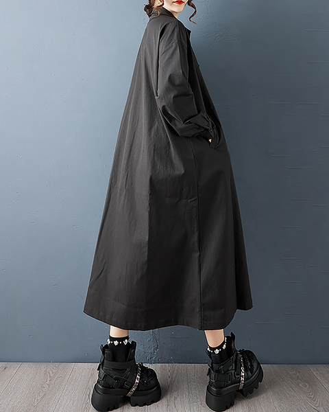 ellazhu Women's Dress Casual Button Down Lapel Pleated Long Sleeve Tie Waist Oversize Solid Long Maxi Hem GZ680 Black