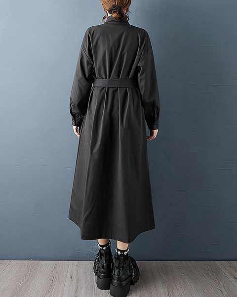 ellazhu Women's Dress Casual Button Down Lapel Pleated Long Sleeve Tie Waist Oversize Solid Long Maxi Hem GZ680 Black