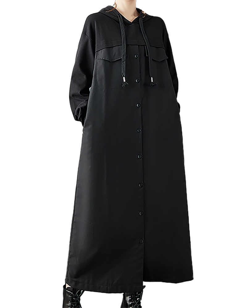 ellazhu Women's Dress Casual Button Down Hooded Long Sleeve Oversize Solid Long Maxi Hem Side Pockets GZ681 Black