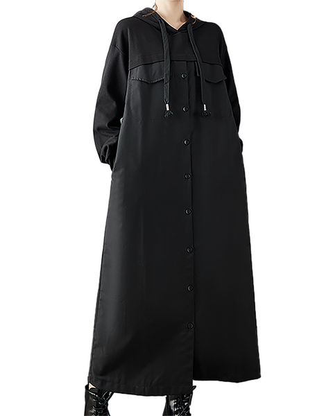 ellazhu Women's Dress Casual Button Down Hooded Long Sleeve Oversize Solid Long Maxi Hem Side Pockets GZ681 Black