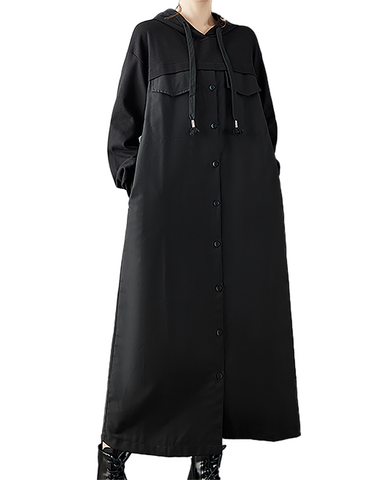ellazhu Women's Dress Casual Button Down Hooded Long Sleeve Oversize Solid Long Maxi Hem Side Pockets GZ681 Black