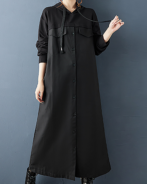 ellazhu Women's Dress Casual Button Down Hooded Long Sleeve Oversize Solid Long Maxi Hem Side Pockets GZ681 Black