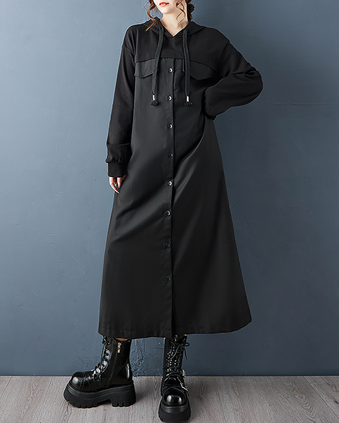 ellazhu Women's Dress Casual Button Down Hooded Long Sleeve Oversize Solid Long Maxi Hem Side Pockets GZ681 Black