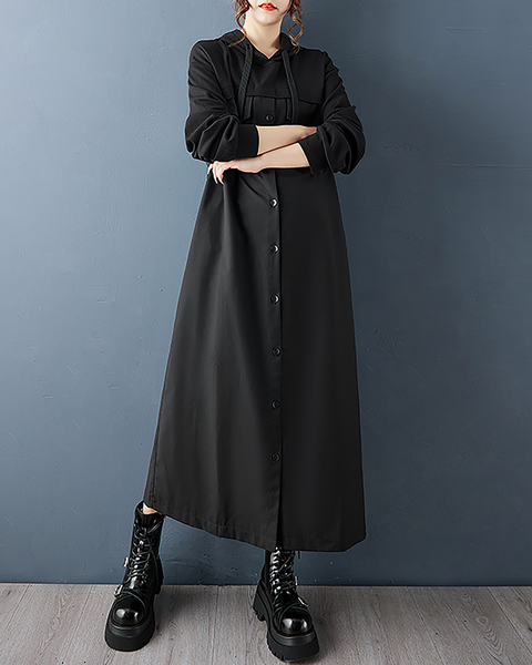 ellazhu Women's Dress Casual Button Down Hooded Long Sleeve Oversize Solid Long Maxi Hem Side Pockets GZ681 Black