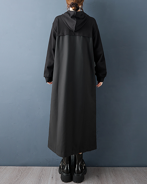 ellazhu Women's Dress Casual Button Down Hooded Long Sleeve Oversize Solid Long Maxi Hem Side Pockets GZ681 Black