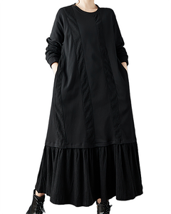 ellazhu Women's Dress Casual A-line Crewneck Long Sleeve Oversize Solid Long Maxi Hem Side Pockets GZ682 Black