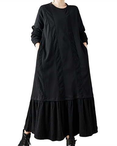 ellazhu Women's Dress Casual A-line Crewneck Long Sleeve Oversize Solid Long Maxi Hem Side Pockets GZ682 Black