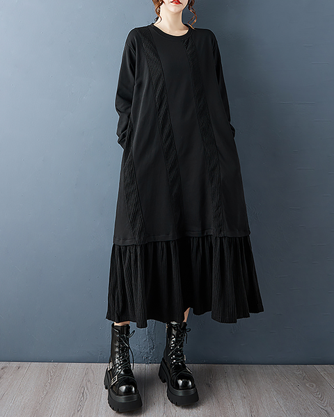 ellazhu Women's Dress Casual A-line Crewneck Long Sleeve Oversize Solid Long Maxi Hem Side Pockets GZ682 Black