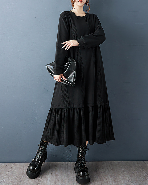 ellazhu Women's Dress Casual A-line Crewneck Long Sleeve Oversize Solid Long Maxi Hem Side Pockets GZ682 Black