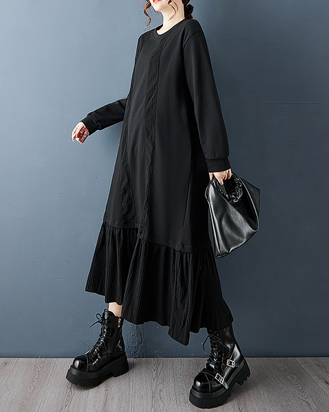 ellazhu Women's Dress Casual A-line Crewneck Long Sleeve Oversize Solid Long Maxi Hem Side Pockets GZ682 Black