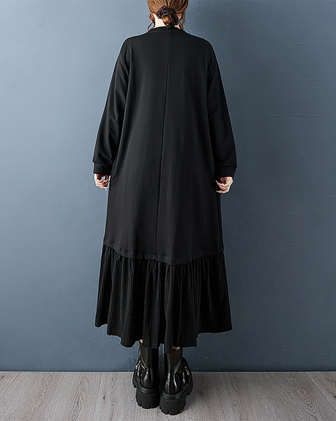 ellazhu Women's Dress Casual A-line Crewneck Long Sleeve Oversize Solid Long Maxi Hem Side Pockets GZ682 Black