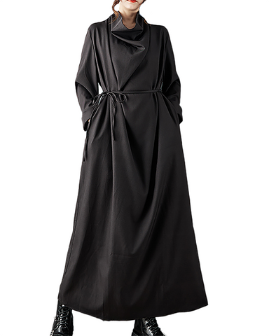 ellazhu Women's Dress Casual Turtleneck Long Sleeve Tie Waist Oversize Solid Split Hem Side Pockets GZ683 Black