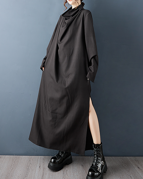 ellazhu Women's Dress Casual Turtleneck Long Sleeve Tie Waist Oversize Solid Split Hem Side Pockets GZ683 Black