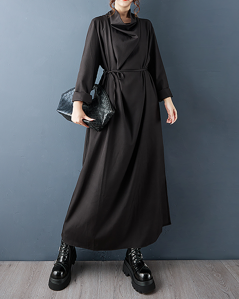 ellazhu Women's Dress Casual Turtleneck Long Sleeve Tie Waist Oversize Solid Split Hem Side Pockets GZ683 Black