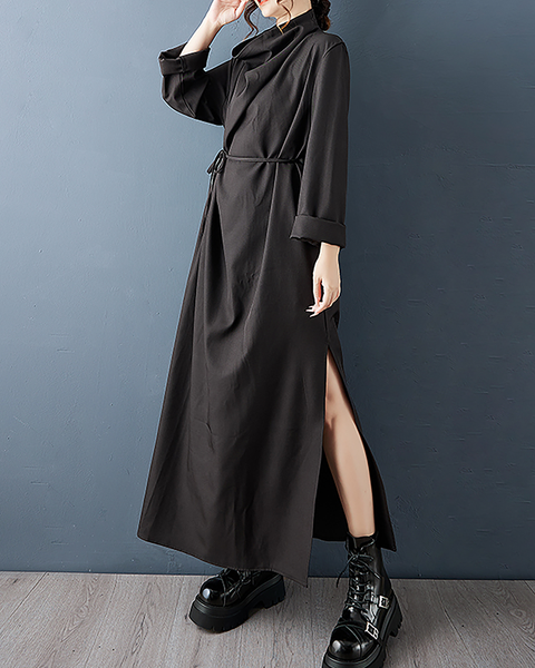 ellazhu Women's Dress Casual Turtleneck Long Sleeve Tie Waist Oversize Solid Split Hem Side Pockets GZ683 Black